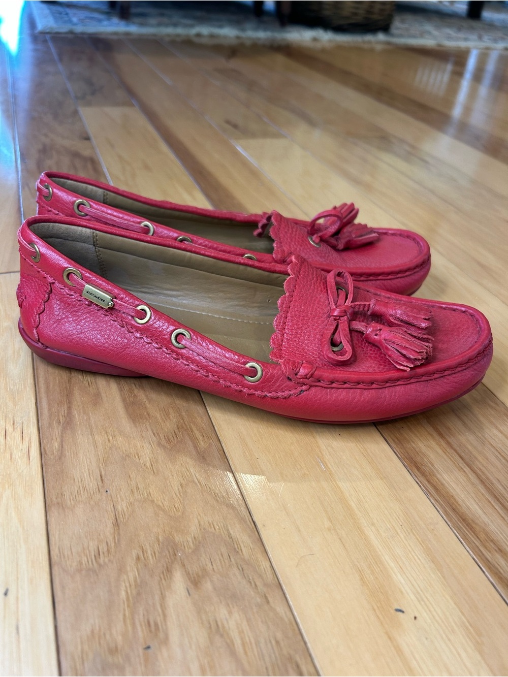 Coach Red Leather Tassel Driving Loafers - Picture 3 of 14